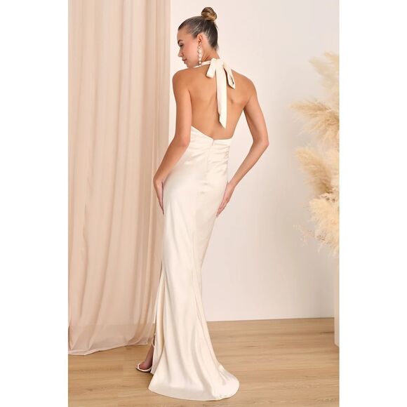 Lulus Start of Forever Ivory Satin Halter Mermaid Maxi Dress Size XS NWT - Picture 2 of 9